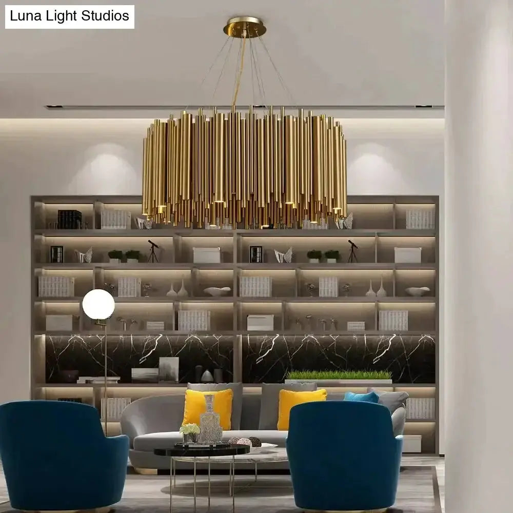 Luxury modern round gold chandelier with radial pendant light over living room seating on Tampa Home & Garden Store