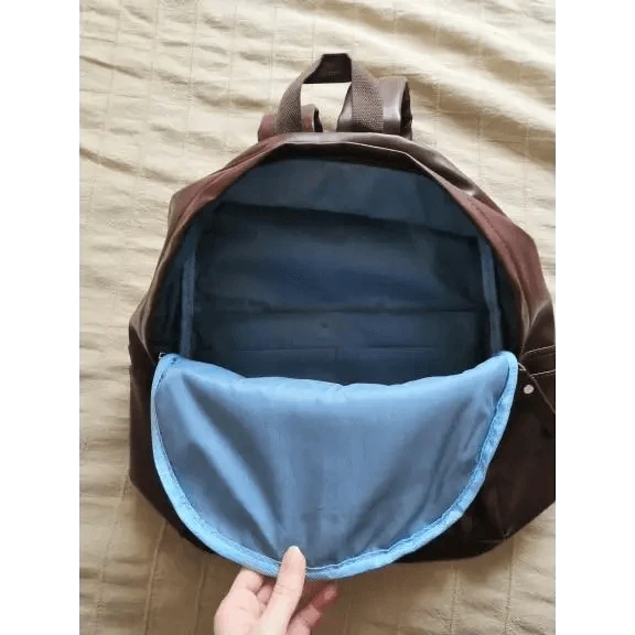 Backpack Stevvex brown PU leather with blue interior lining and large main compartment on Tampa Home & Garden Store