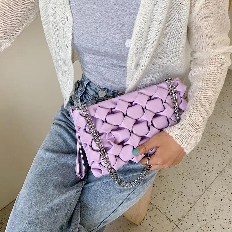 Stevvex lavender leather crossbody bag with chunky woven petal detail and metal chain strap on Tampa Home & Garden Store