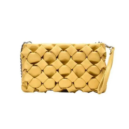 Crossbody bag yellow woven leather with metal chain strap for women on Tampa Home & Garden Store