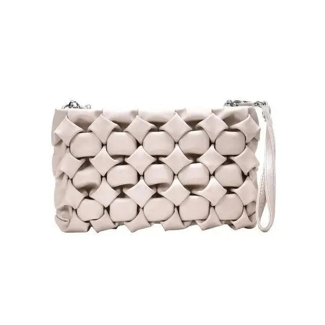 Stevvex crossbody bag ST93144XUE beige woven leather with metal chain strap on Tampa Home & Garden Store