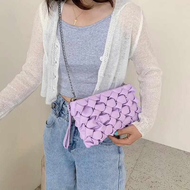 Crossbody bag Stevvex lavender woven texture with metal chain strap on Tampa Home & Garden Store