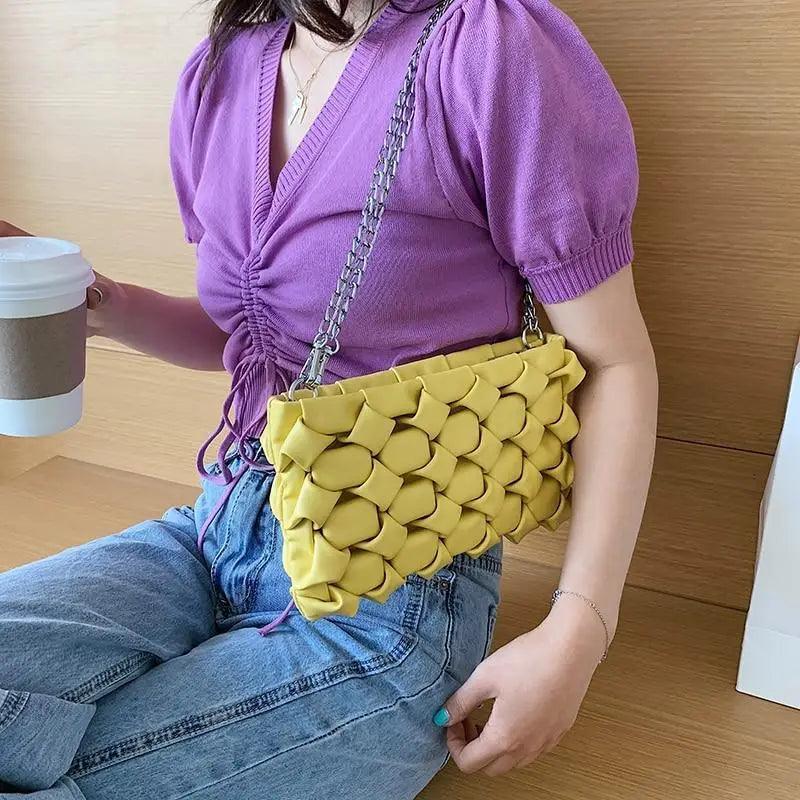Stevvex yellow woven leather crossbody bag with metal chain strap for women on Tampa Home & Garden Store