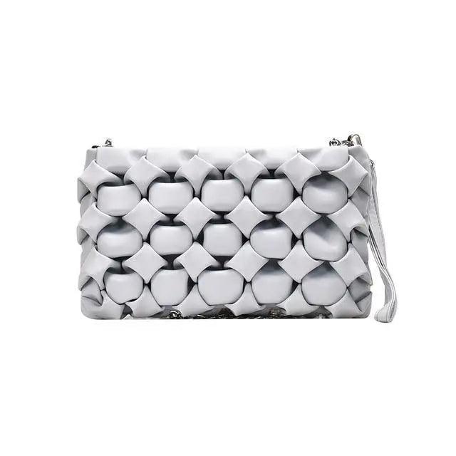 Crossbody bag Stevvex white woven padded leather with metal chain strap on Tampa Home & Garden Store