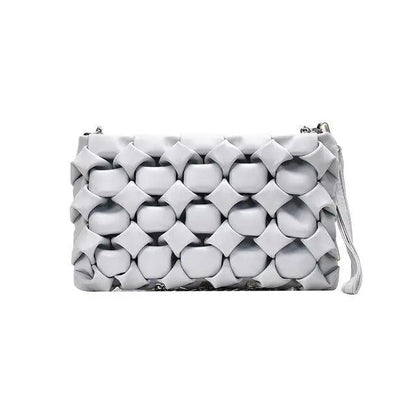 Crossbody bag Stevvex white woven padded leather with metal chain strap on Tampa Home & Garden Store