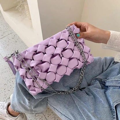 Lavender crossbody bag with quilted cube design and silver chain strap Stevvex on Tampa Home & Garden Store