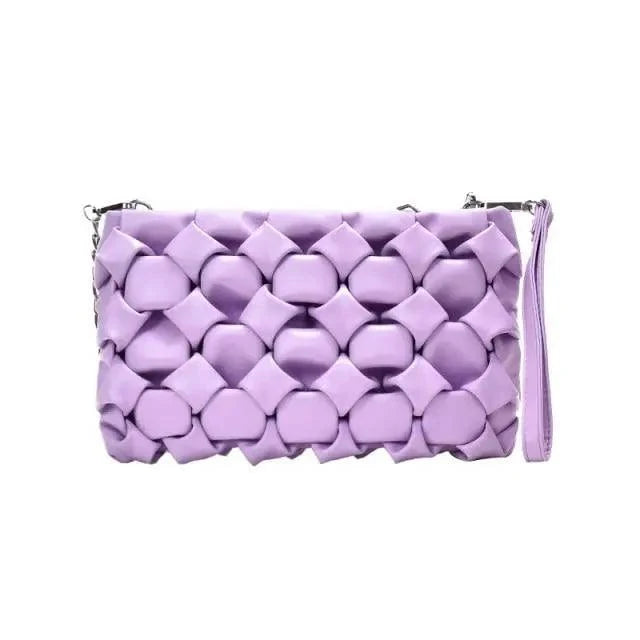 Lavender quilted crossbody bag with bubble-pillow weave and metal chain strap on Tampa Home & Garden Store