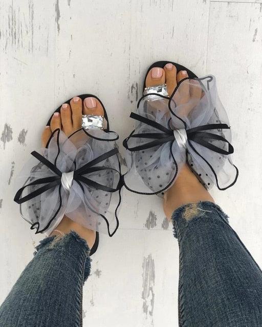 Stevvex rhinestone sandals pair with gray tulle bow black trim rubber sole on Tampa Home & Garden Store