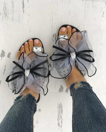Stevvex rhinestone sandals pair with gray tulle bow black trim rubber sole on Tampa Home & Garden Store