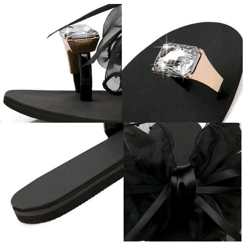 Stevvex rhinestone bow sandals with black flat sole and clear gem buckle on Tampa Home & Garden Store