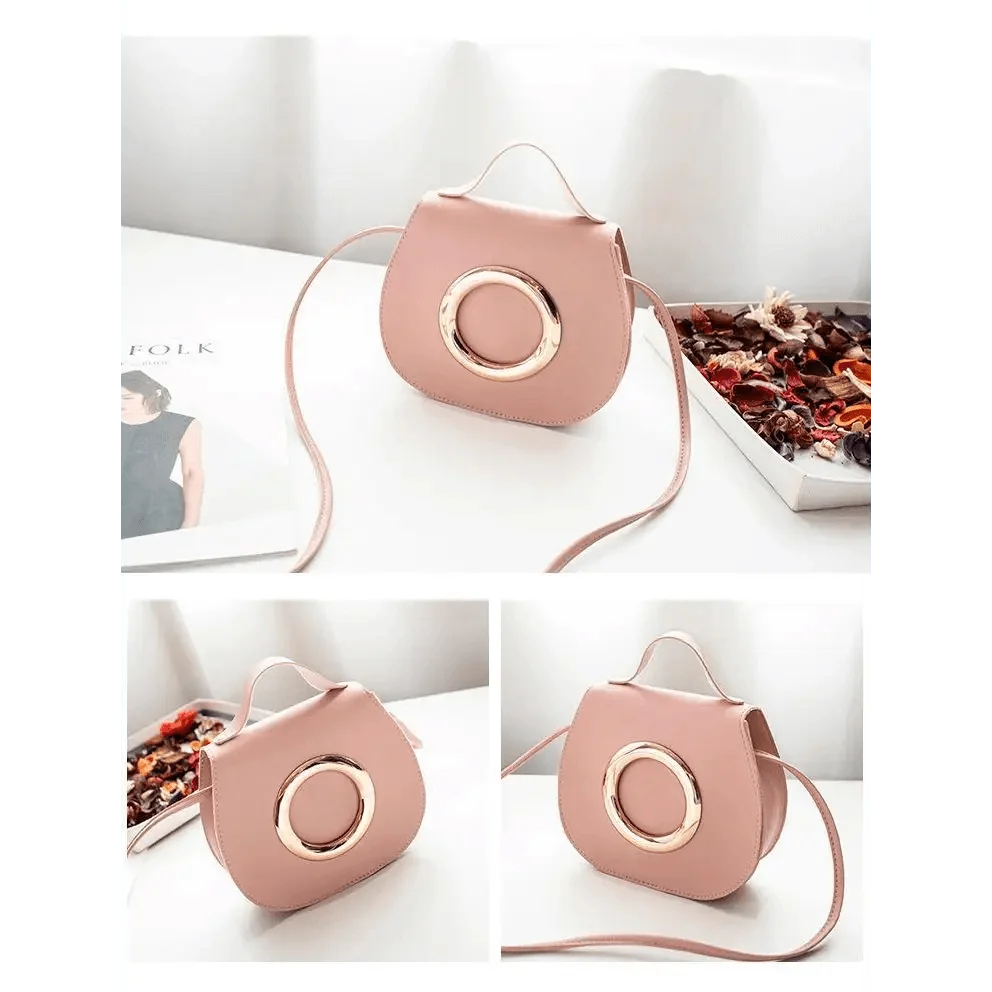 Crossbody bag Stevvex pink PU leather with round gold ring hardware on Tampa Home & Garden Store