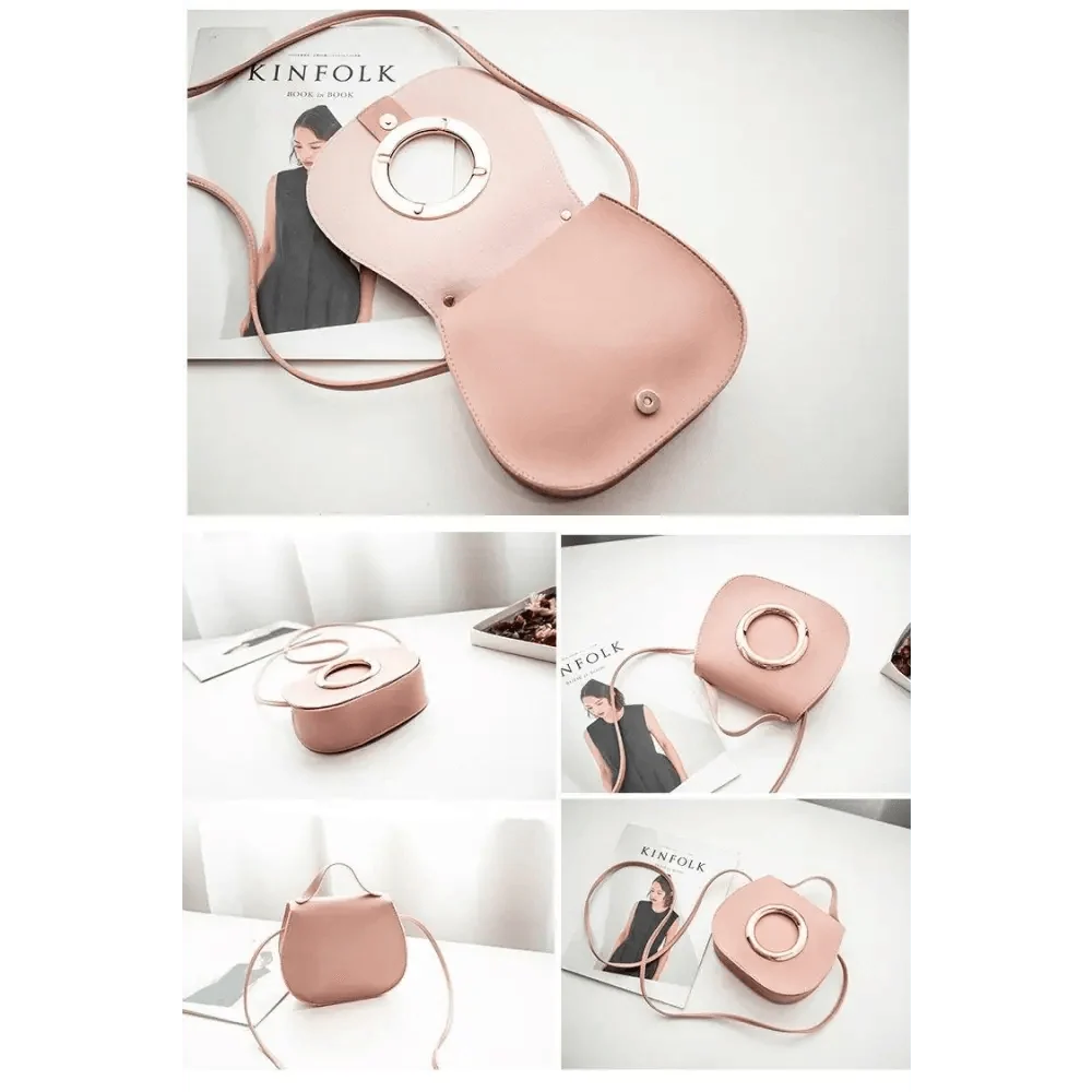Stevvex pink PU leather crossbody bag with circular metal ring detail, multiple angles on Tampa Home & Garden Store