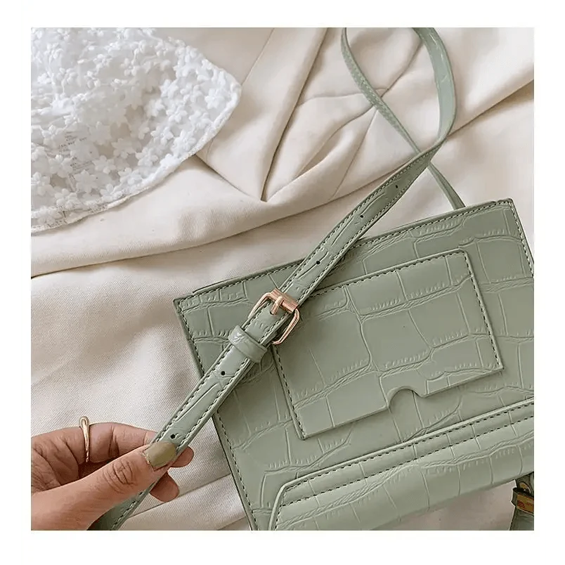 Stevvex crossbody bag in pastel green croc-embossed PU with adjustable strap and front pocket on Tampa Home & Garden Store