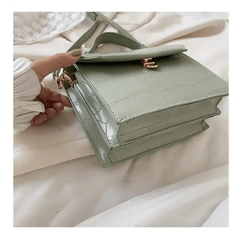 Stevvex crossbody bag in sage green crocodile-embossed PU leather with gold-tone clasp on Tampa Home & Garden Store