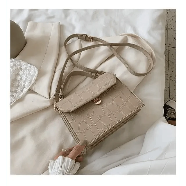 Stevvex crossbody bag beige crocodile-embossed PU leather with flap and adjustable strap on Tampa Home & Garden Store