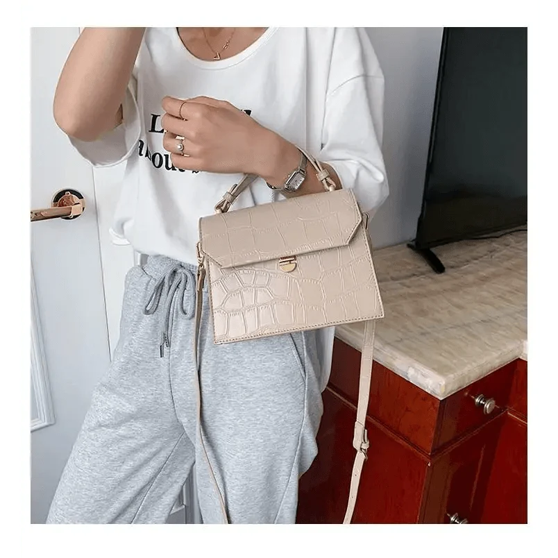 Stevvex beige crocodile-embossed PU crossbody bag with flap and gold hardware on Tampa Home & Garden Store