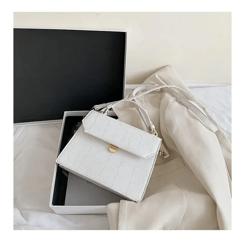 Snow white crocodile-embossed PU leather crossbody bag with gold turn-lock by Stevvex on Tampa Home & Garden Store