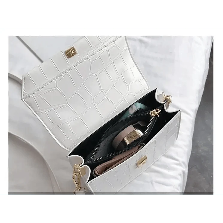 Stevvex white crocodile-embossed crossbody bag with gold hardware, compact PU leather handbag on Tampa Home & Garden Store