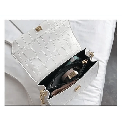 Stevvex white crocodile-embossed crossbody bag with gold hardware, compact PU leather handbag on Tampa Home & Garden Store