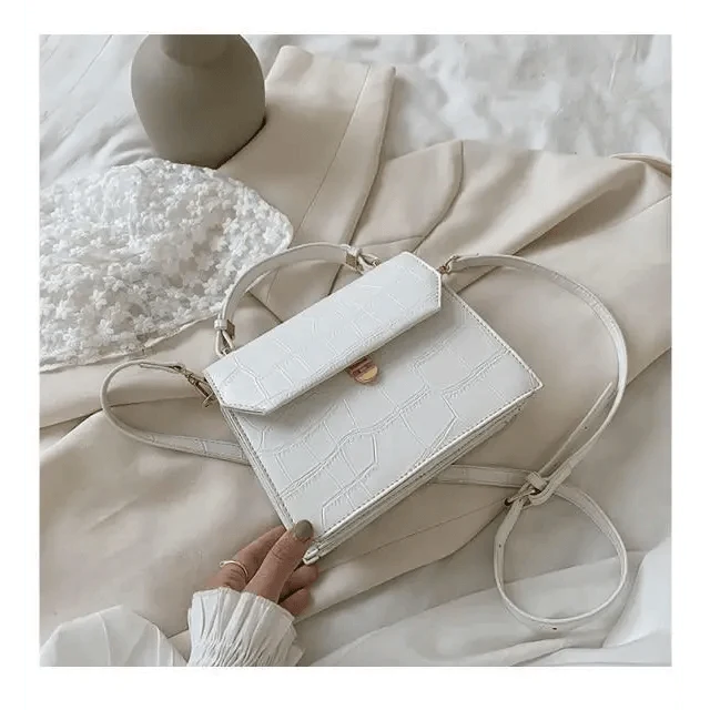 Stevvex white crocodile-textured crossbody bag with gold clasp, PU leather, adjustable strap on Tampa Home & Garden Store