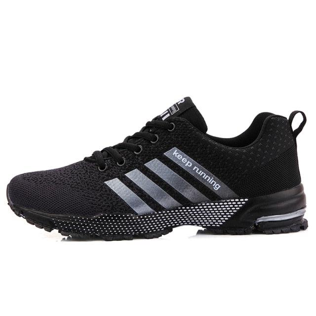 Stevvex men's luxury sport sneakers black mesh upper, breathable with silver stripes on Tampa Home & Garden Store