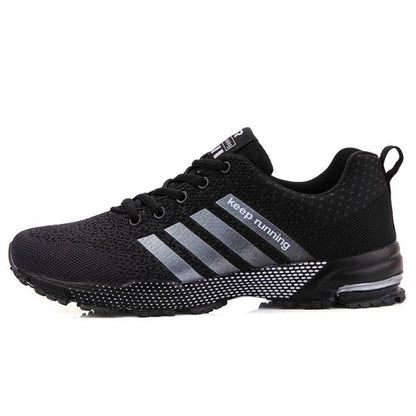 Stevvex men's luxury sport sneakers black mesh upper, breathable with silver stripes on Tampa Home & Garden Store