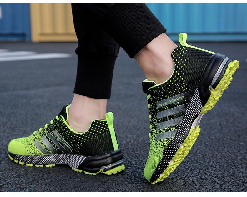 Stevvex men's neon green mesh running sneakers, breathable upper with lime accents, pair on Tampa Home & Garden Store