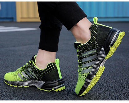 Stevvex men's neon green mesh running sneakers, breathable upper with lime accents, pair on Tampa Home & Garden Store