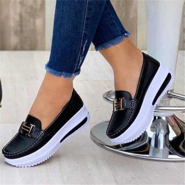 Stevvex women's black espadrille loafers with white sole and gold buckle on Tampa Home & Garden Store