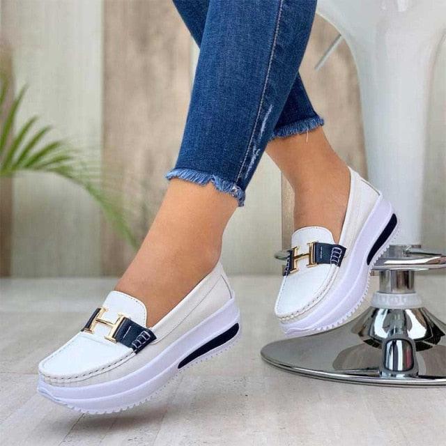 Comfortable Women White Espadrilles Walking Shoes, white leather upper, gold buckle detail on Tampa Home & Garden Store