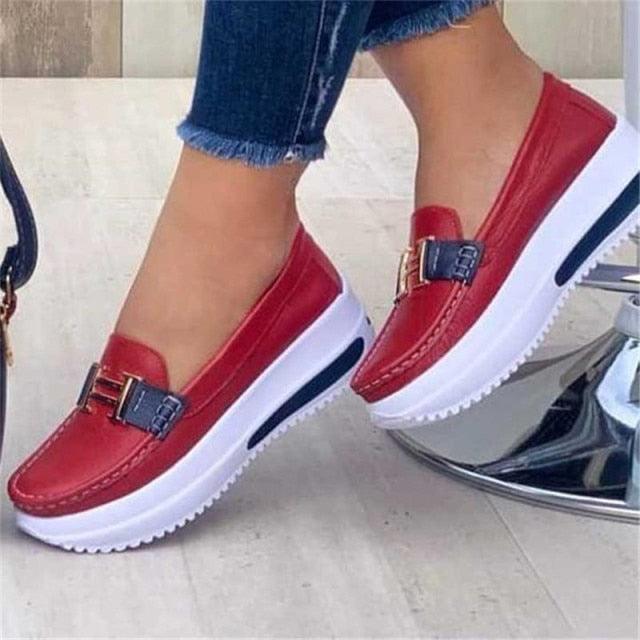 Stevvex red espadrille loafers with buckle strap and white platform sole on Tampa Home & Garden Store