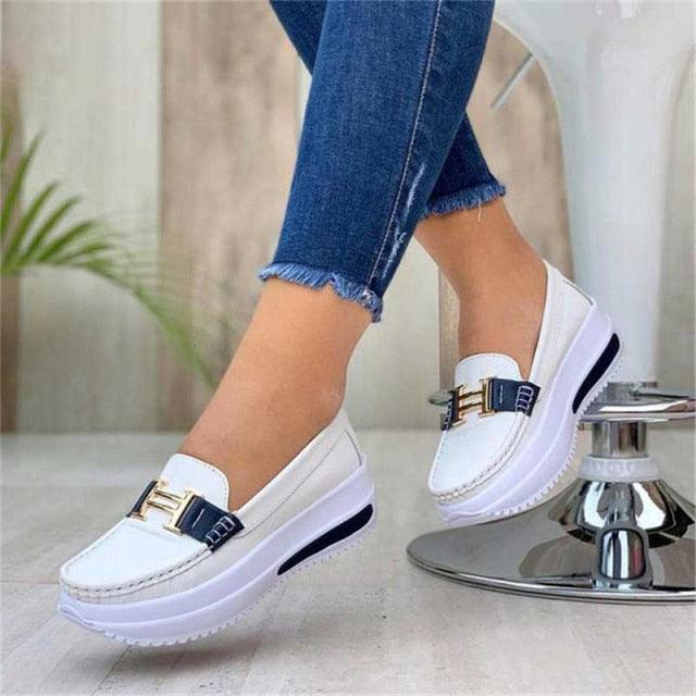 Stevvex women's white espadrille sneakers with gold buckle strap and chunky sole on Tampa Home & Garden Store