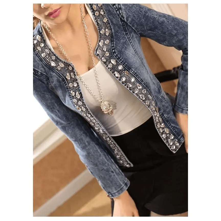 Stevvex bluewashed denim trucker jacket with crystal sequin trim and zipper worn over white top on Tampa Home & Garden Store