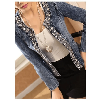 Stevvex bluewashed denim trucker jacket with crystal sequin trim and zipper worn over white top on Tampa Home & Garden Store
