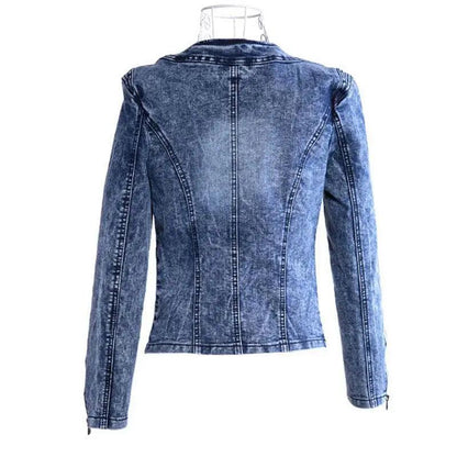 Stevvex denim trucker jacket back view, acid-wash blue, slim fit on Tampa Home & Garden Store