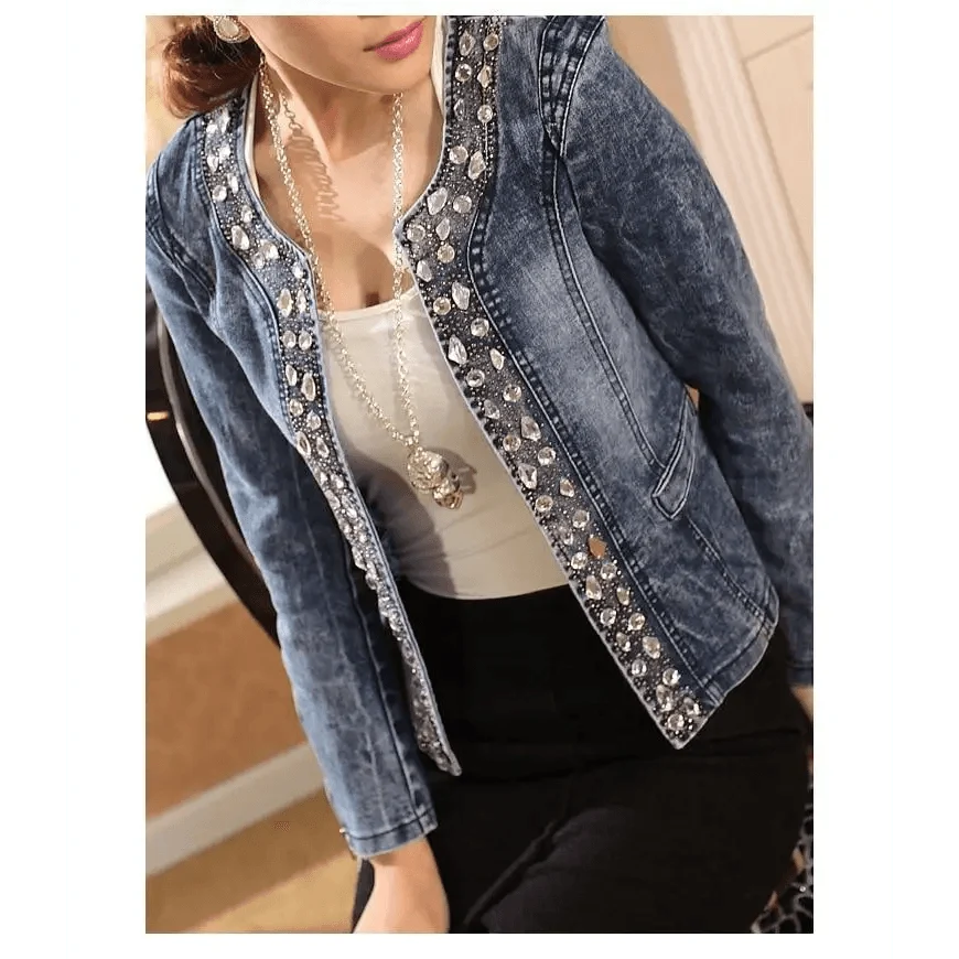 Stevvex women's denim trucker jacket with crystal rhinestone trim, blue washed on Tampa Home & Garden Store