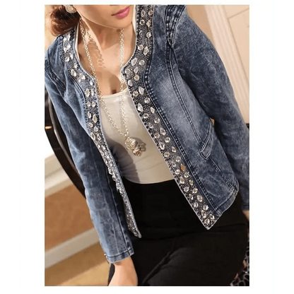 Stevvex women's denim trucker jacket with crystal rhinestone trim, blue washed on Tampa Home & Garden Store