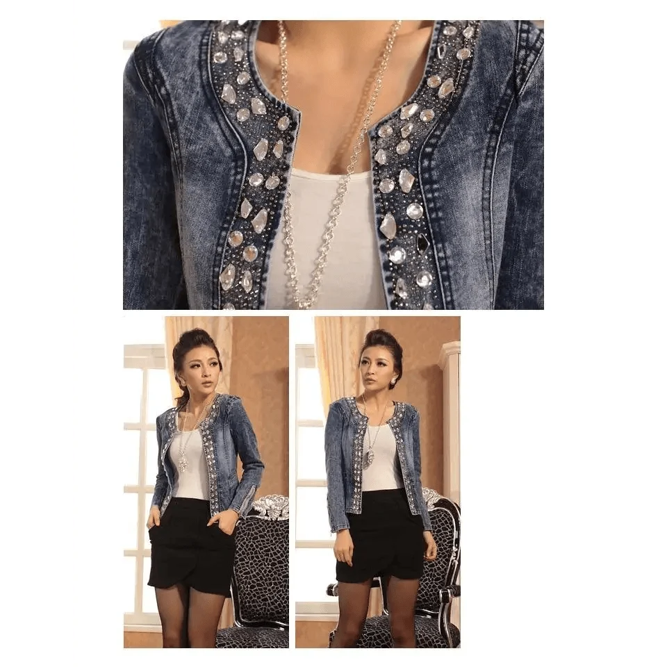 Stevvex blue denim trucker jacket shown in 3 views with crystal studs and sequin trim, slim fit on Tampa Home & Garden Store