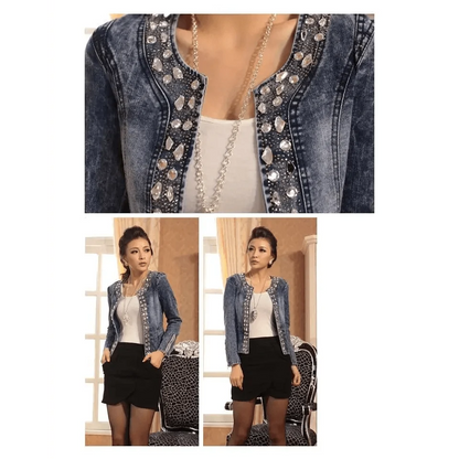 Stevvex blue denim trucker jacket shown in 3 views with crystal studs and sequin trim, slim fit on Tampa Home & Garden Store
