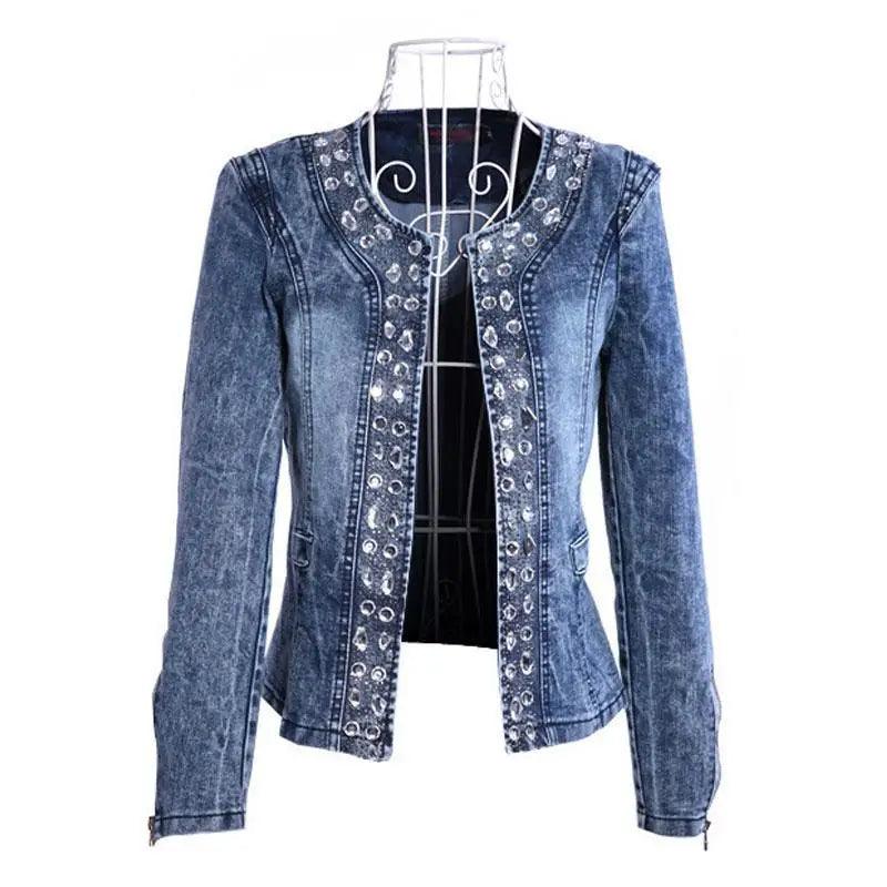 Denim jacket blue with crystal-studded front trim, slim biker style long sleeves on Tampa Home & Garden Store