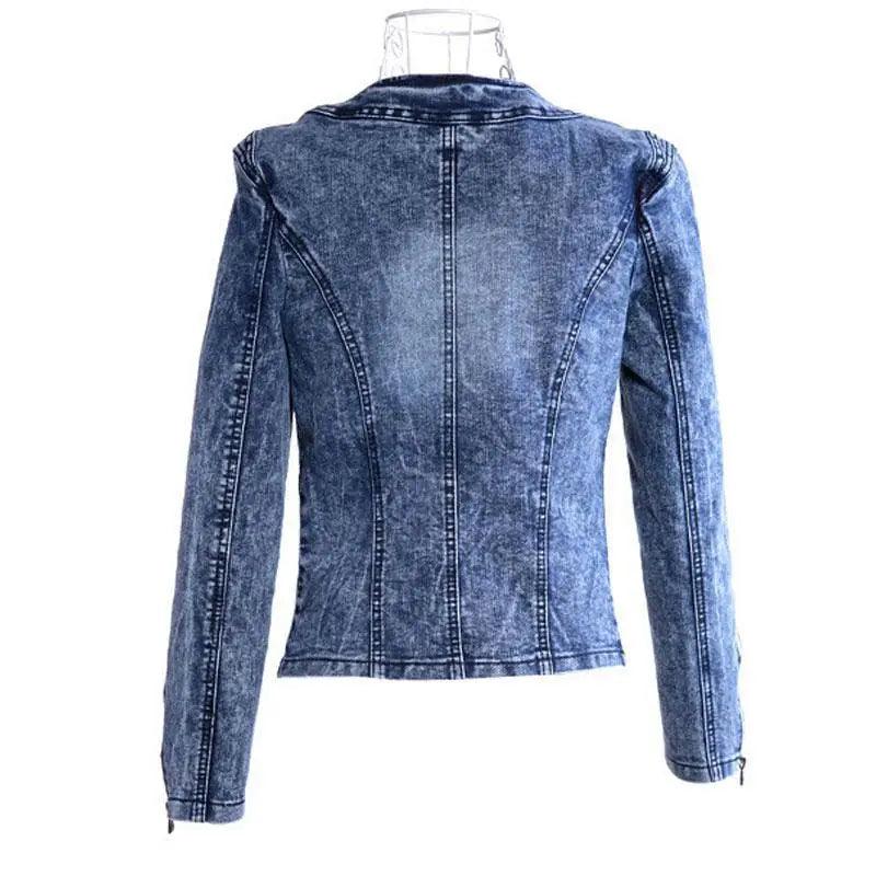 Womens denim trucker jacket back view, acid-wash blue with vertical seam panels and zip cuffs on Tampa Home & Garden Store