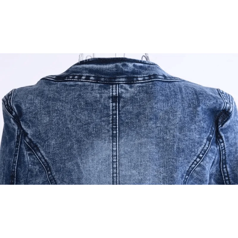 Stevvex women's denim trucker jacket back view, slim fit, mid blue faded wash outerwear on Tampa Home & Garden Store