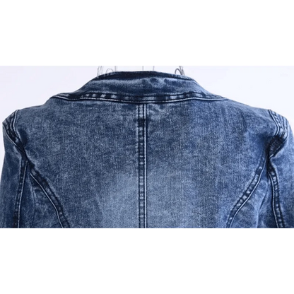 Stevvex women's denim trucker jacket back view, slim fit, mid blue faded wash outerwear on Tampa Home & Garden Store