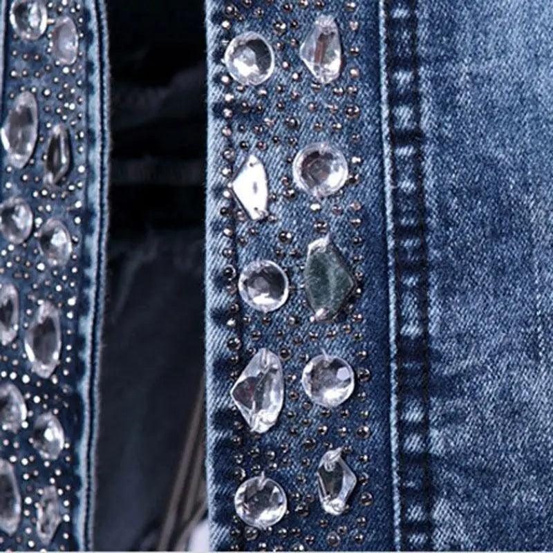 Stevvex denim trucker jacket with crystal and sequin embellishments in blue indigo on Tampa Home & Garden Store