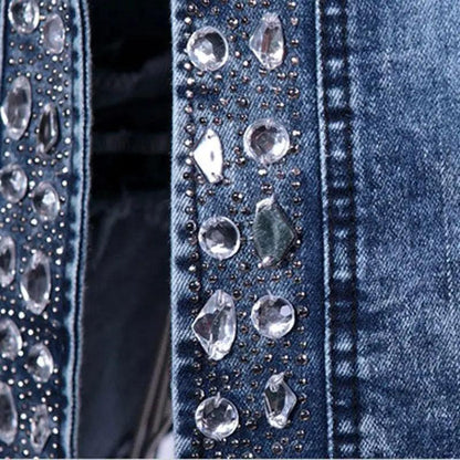 Stevvex denim trucker jacket with crystal and sequin embellishments in blue indigo on Tampa Home & Garden Store