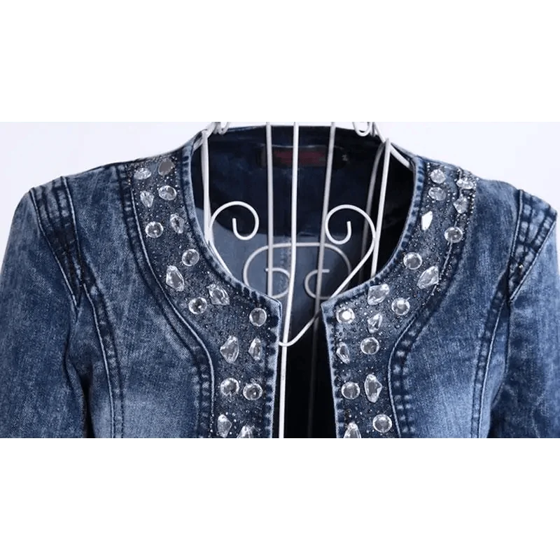 Stevvex blue washed denim trucker jacket with crystal studs and sequins, slim fit on Tampa Home & Garden Store