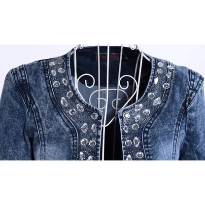 Stevvex blue washed denim trucker jacket with crystal studs and sequins, slim fit on Tampa Home & Garden Store