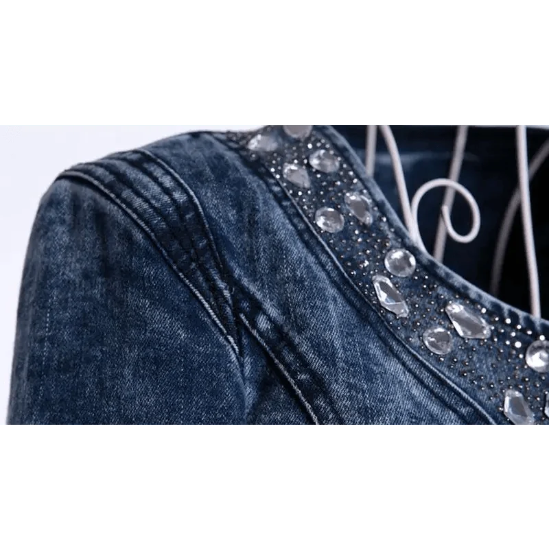 Stevvex blue denim trucker jacket with crystal-studded neckline, slim fit outerwear on Tampa Home & Garden Store