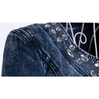 Stevvex blue denim trucker jacket with crystal-studded neckline, slim fit outerwear on Tampa Home & Garden Store
