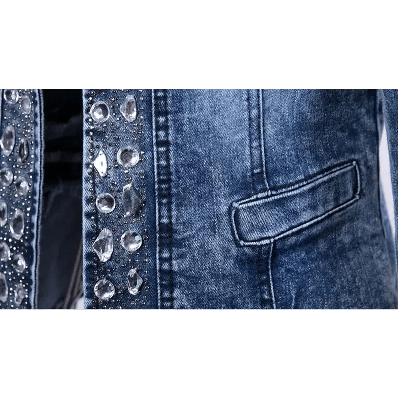 Stevvex blue denim trucker jacket with crystal embellishments and slim fit pocket detail on Tampa Home & Garden Store